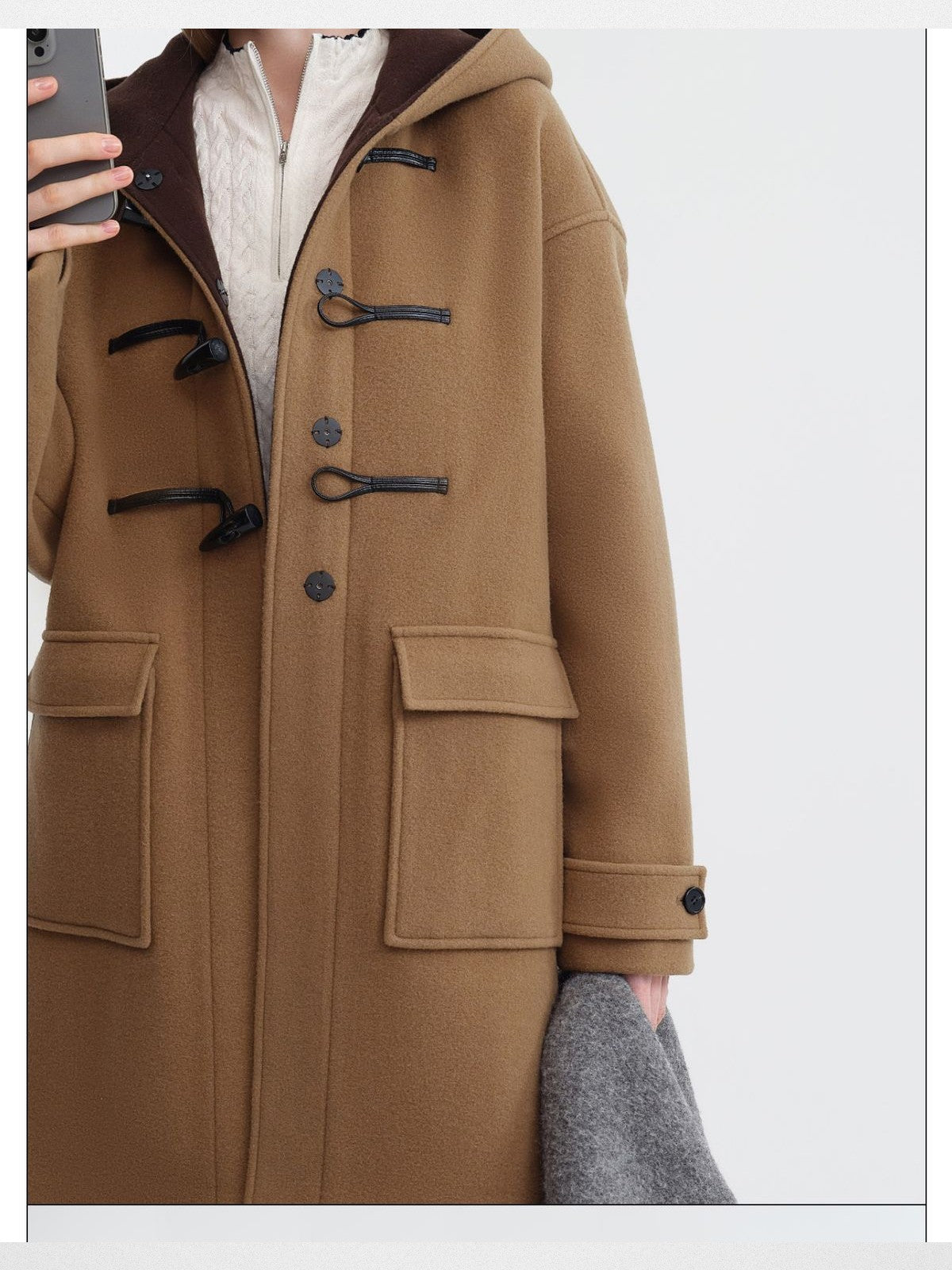 RARELY ALIKE Hooded Lambswool Duffle Coat in Beige - On Model