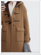 RARELY ALIKE Hooded Lambswool Duffle Coat in Beige - On Model