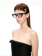 SHUSHU/TONG Crystal Bow Cat Eye Glasses in Black - On Model