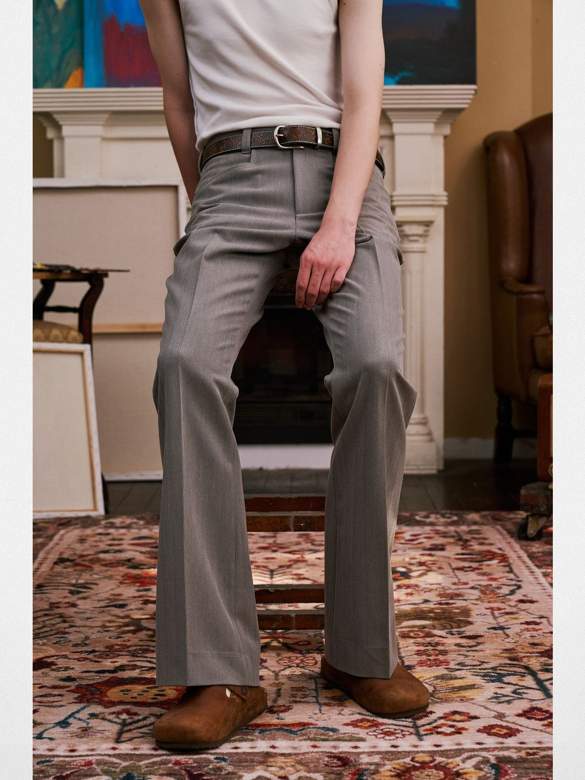 Retro 21 Center Seam Micro Flare Trousers in Gray - On Model