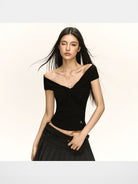 Ariseism Twisted Off Shoulder Top in Black - On Model