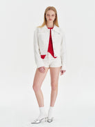 Amee Raw Edge Contrast Denim Jacket in White - On Model