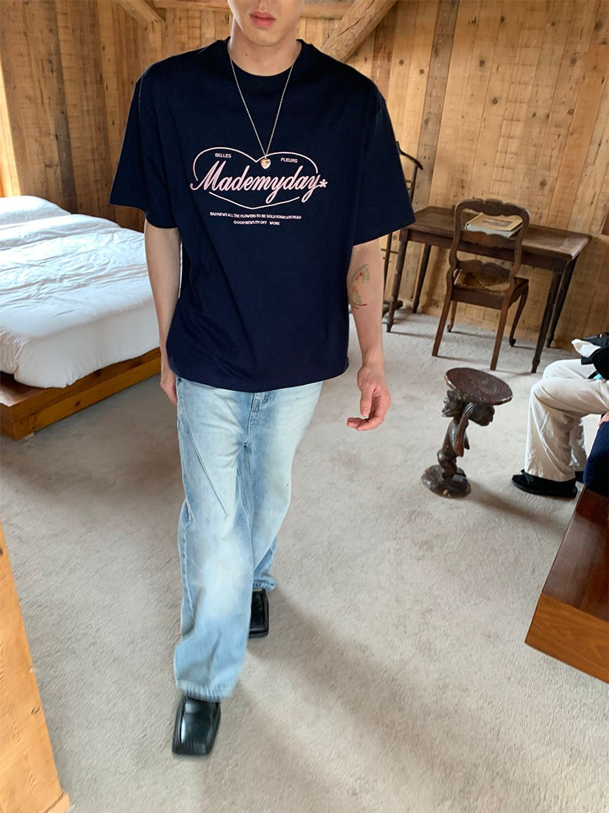 NeverSeez Love Flower Shop Embroidered Tee in Blue - On Male Model