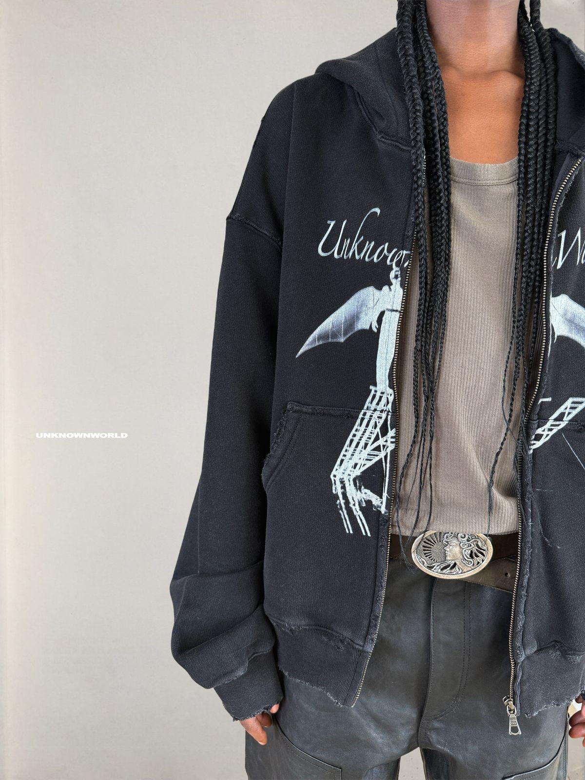 UNKNOWNWORLD Distressed Bat Print Zip Up Hoodie in Black - On Model