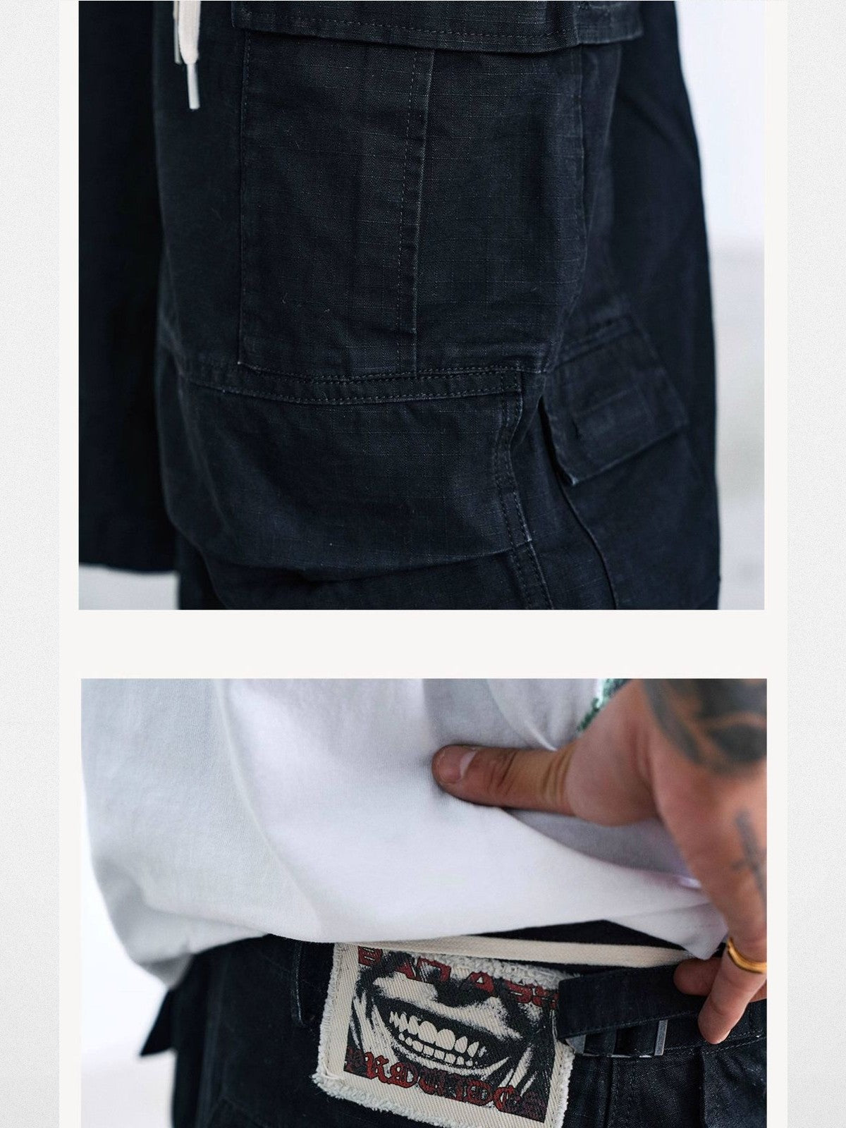 SWFI Distressed Wide Leg Cargo Shorts in Black - Detail