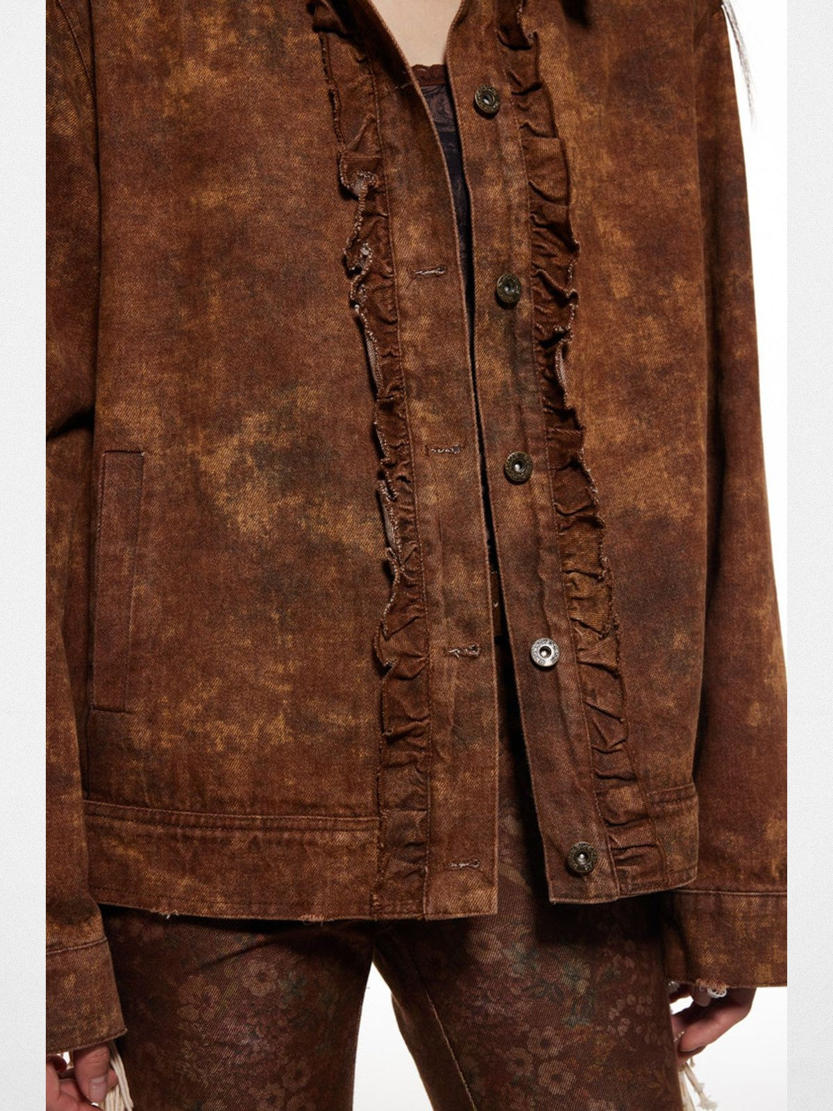 THELIGHT OFFICIAL Distressed Brown Ruffle Trim Jacket in Brown - On Model