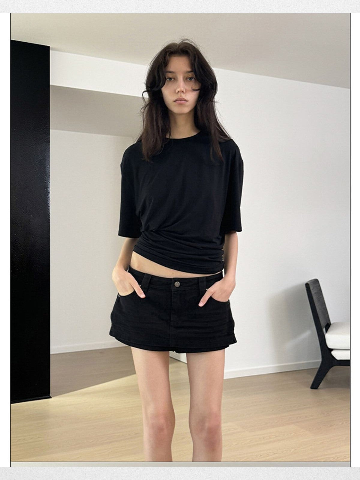 RARELY ALIKE Asymmetrical Ruched Waist Tee in Black - On Model