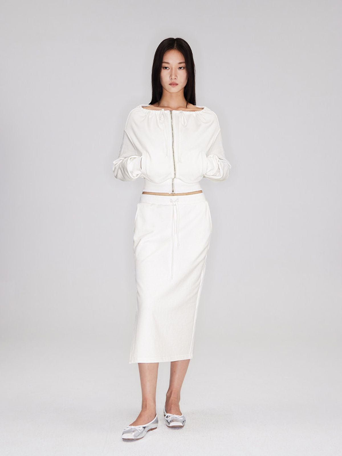 RARELY ALIKE Two Way Off Shoulder Zip Hoodie in White - On Model