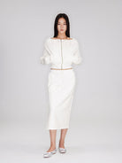 RARELY ALIKE Two Way Off Shoulder Zip Hoodie in White - On Model