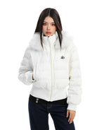 Big Gold studio Fur Trimmed Cropped Down Puffer in White - On Model