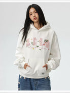 MEDM Floral Patch Fleece Hoodie in White - On Female Model