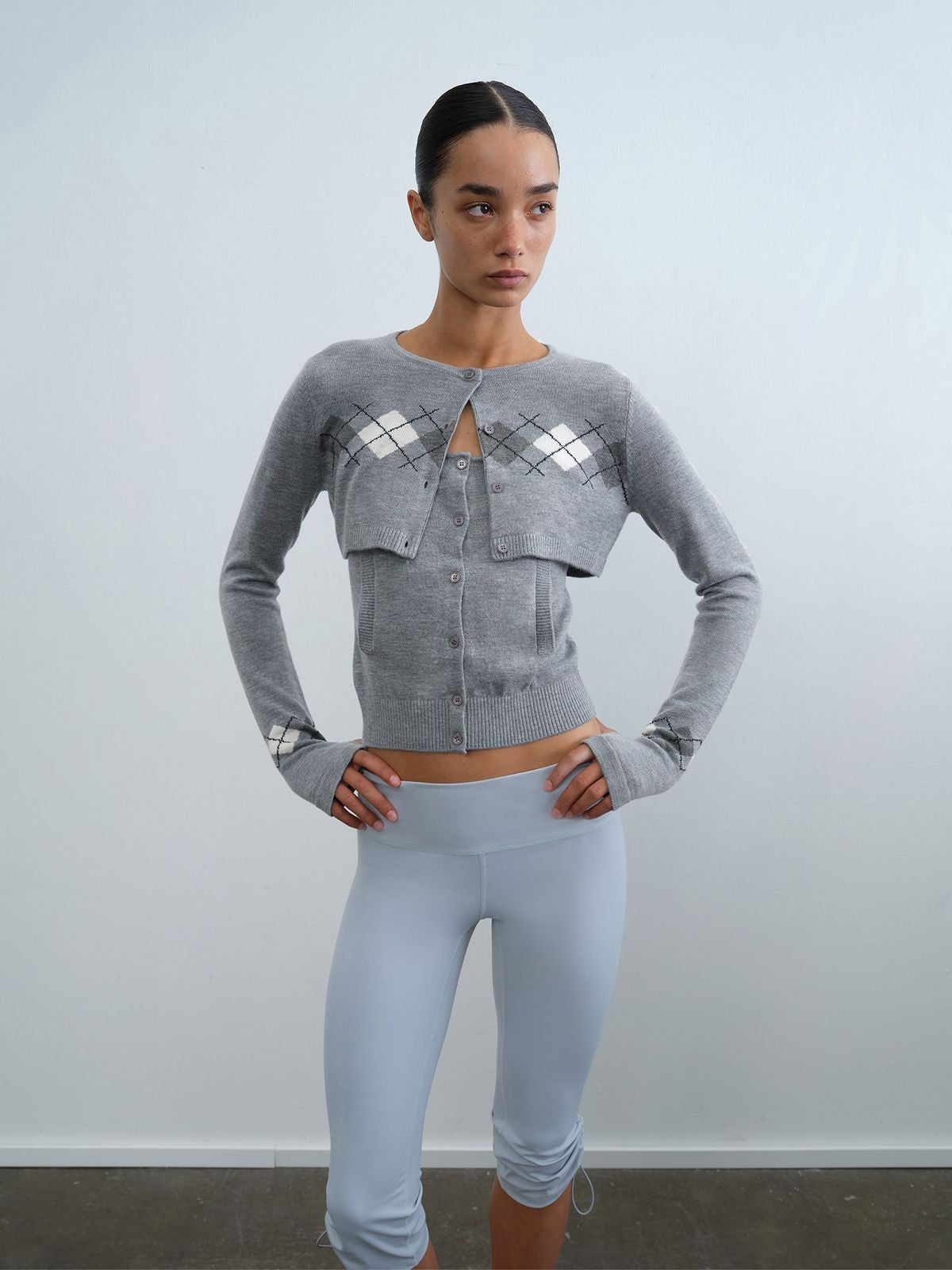 RARELY ALIKE Argyle Cardigan Camisole Set in Gray - On Model