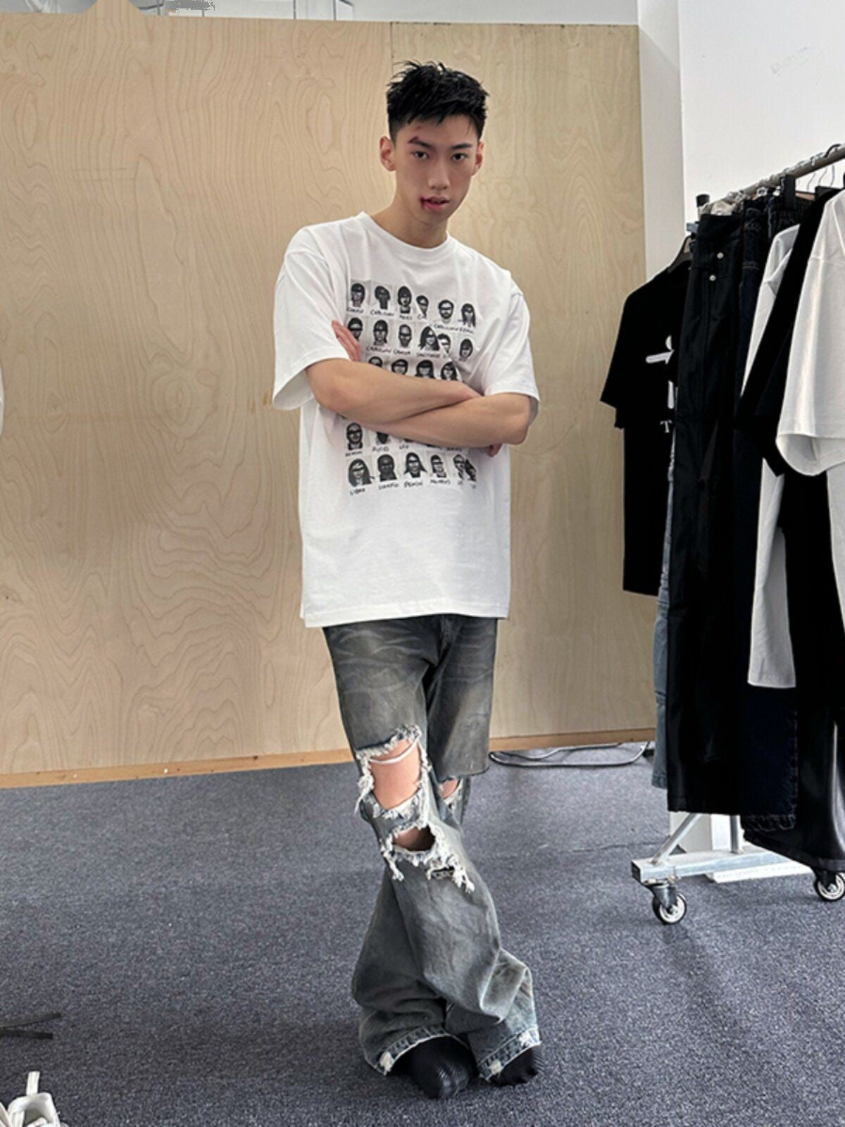 TRIANGLE PROJECT Distressed Dirty Wash Micro Flare Jeans in Denim - On Model