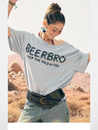 BeerBro Oversized Off Shoulder Graphic Tee in Heather Gray - On Model