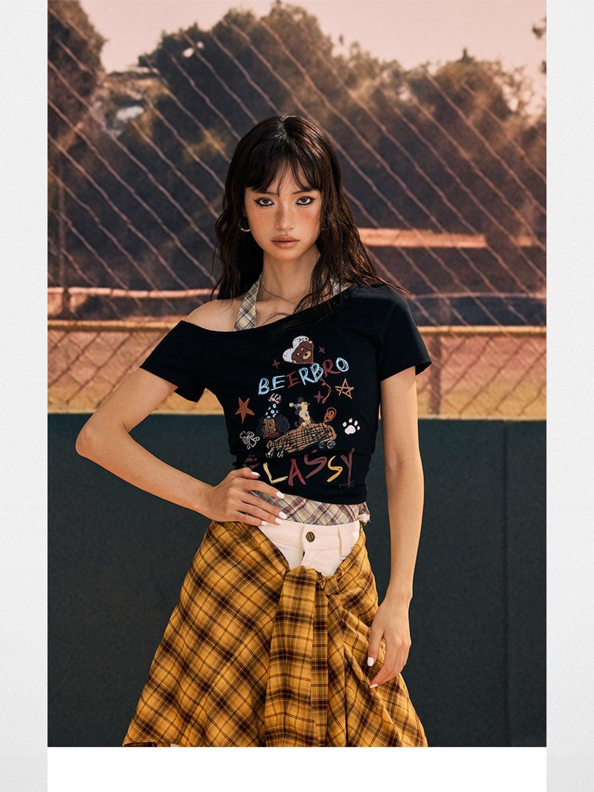 BeerBro Asymmetric Graffiti Puppy Crop Top in Black - On Model