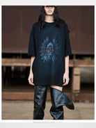 BLINDNOPLAN Washed Distressed Crackle Print Tee in Black - On Model