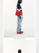 BLINDNOPLAN Color Block Ruched High Neck Sweatshirt in Blue - On Female Model