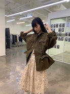 NeverSeez Washed Cotton Workwear Jacket in White - On Female Model