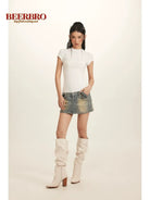 BeerBro Pearl Rhinestone Graphic Baby Tee in White - On Model