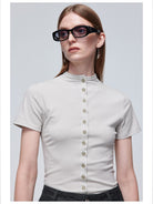 Simple Project Tencel Wool Button Front Tee in Gray - On Model