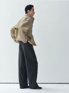 ROYA Wool Blend Semi Elastic Knit Trousers in Gray - On Male Model