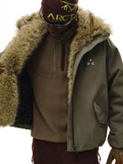 FPA Faux Mink Collar Down Parka in Olive - On Model