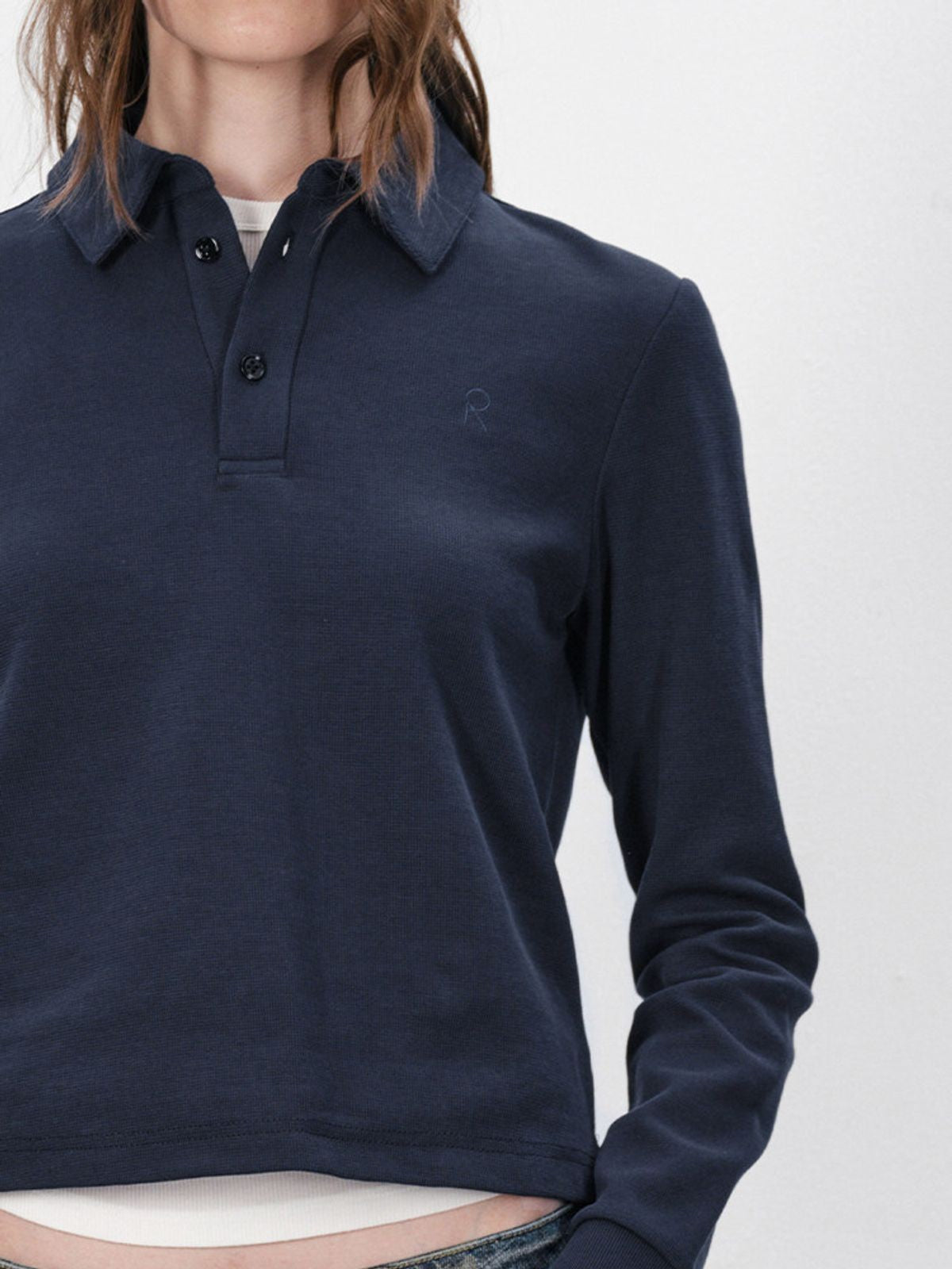 RARELY ALIKE Side Slit Long Sleeve Polo in Navy Blue - On Model