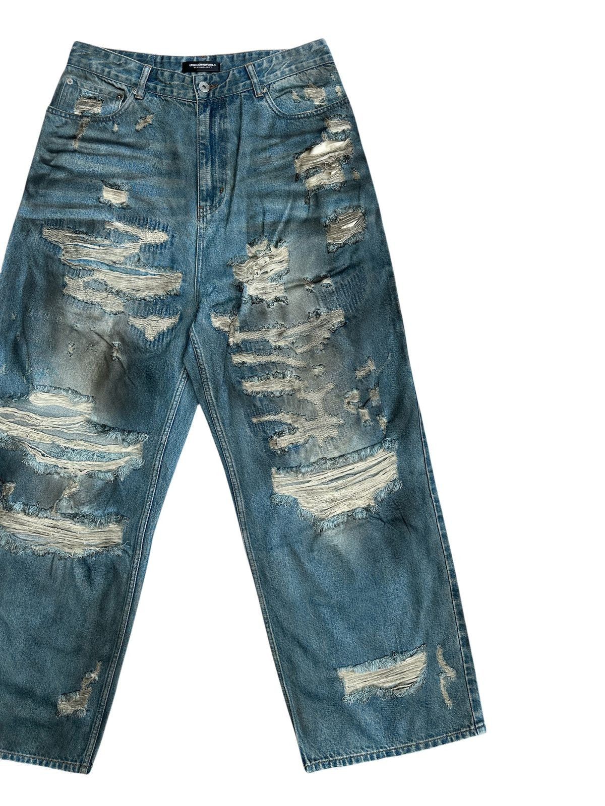 UNKNOWNWORLD Distressed Boro Mud Dyed Jeans in Denim