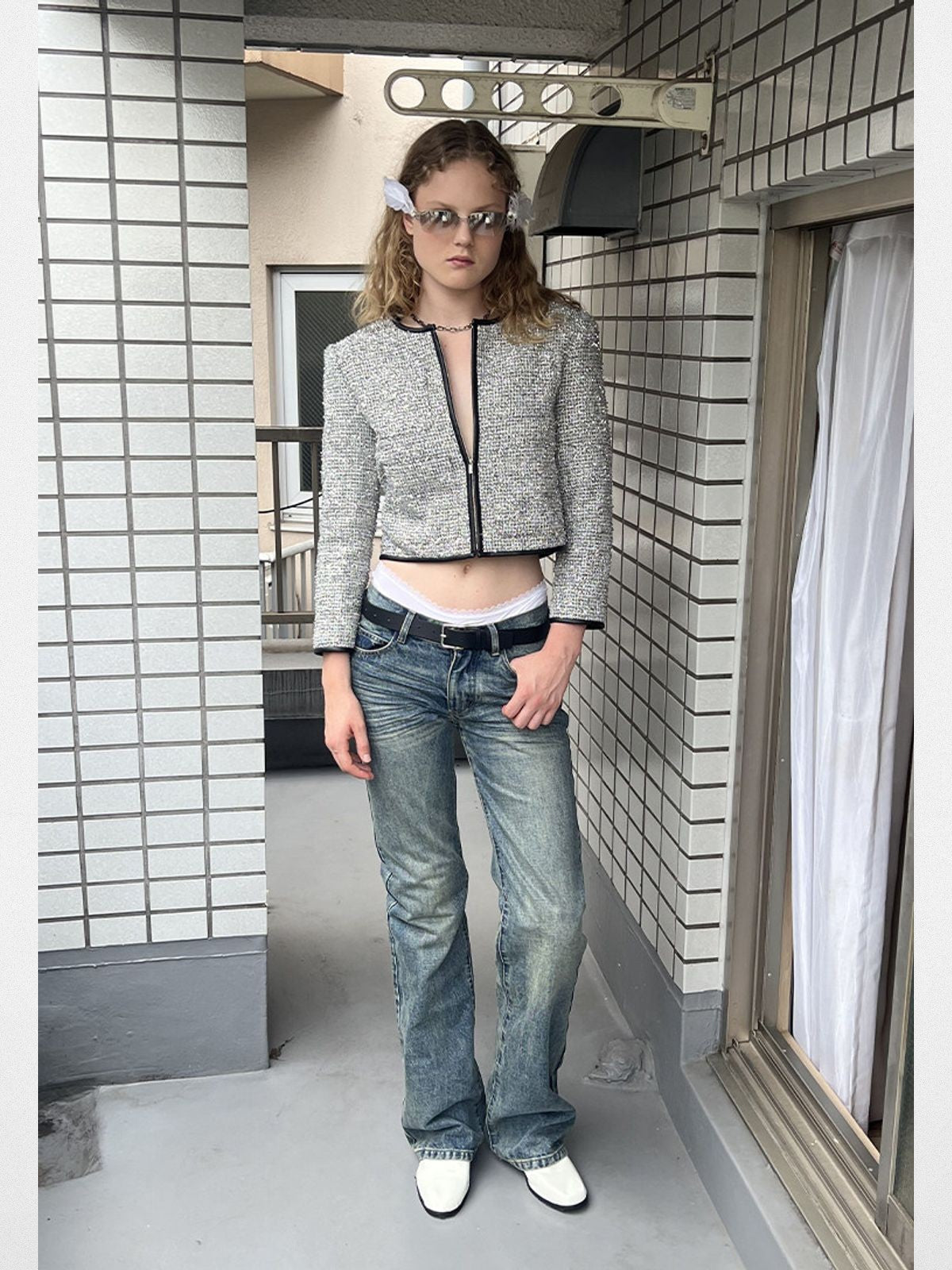 RARELY ALIKE Mid Low Rise Micro Flare Jeans in Blue - On Model