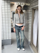 RARELY ALIKE Mid Low Rise Micro Flare Jeans in Blue - On Model