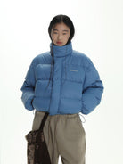 MasonPrince Cropped 90 Down Puffer in Blue - On Female Model