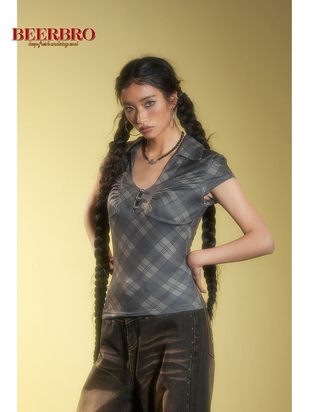 BeerBro Plaid V Neck Collared Top in Gray - On Model