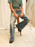 Retro 21 Vintage Wash 646 Style Flared Jeans in Blue - On Model