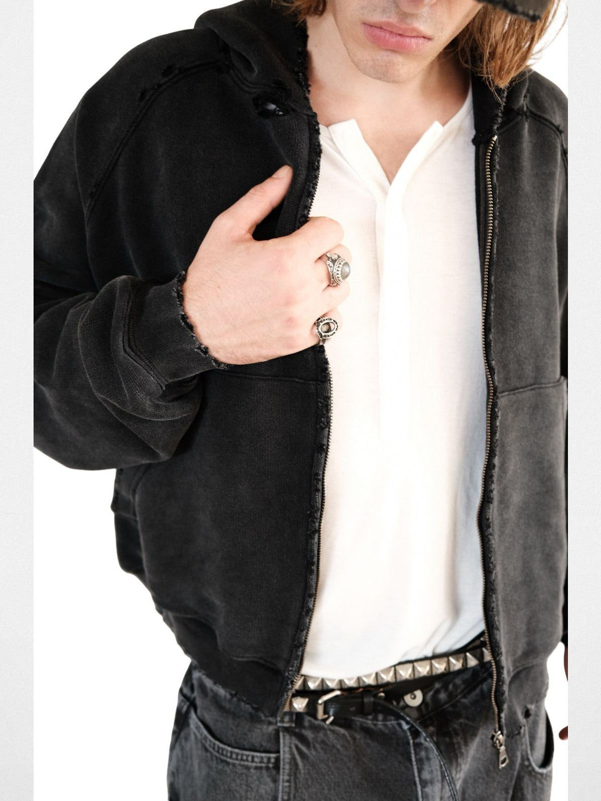 UNKNOWNWORLD Distressed Washed Zip Up Hoodie in Black - On Model