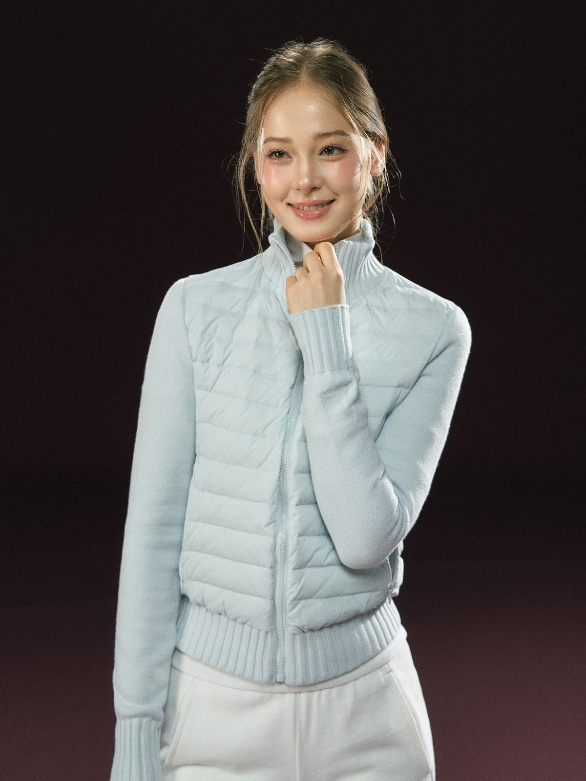 ARISEISM Knit Spliced Stand Collar Puffer in Sky Blue - On Model