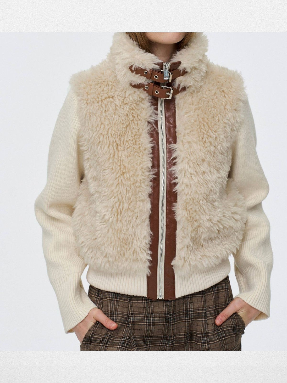 Amee Buckled Collar Lamb Wool Cardigan in White - On Model