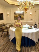 1S STUDIO Acetate Satin Strapless Dress in Yellow - On Model