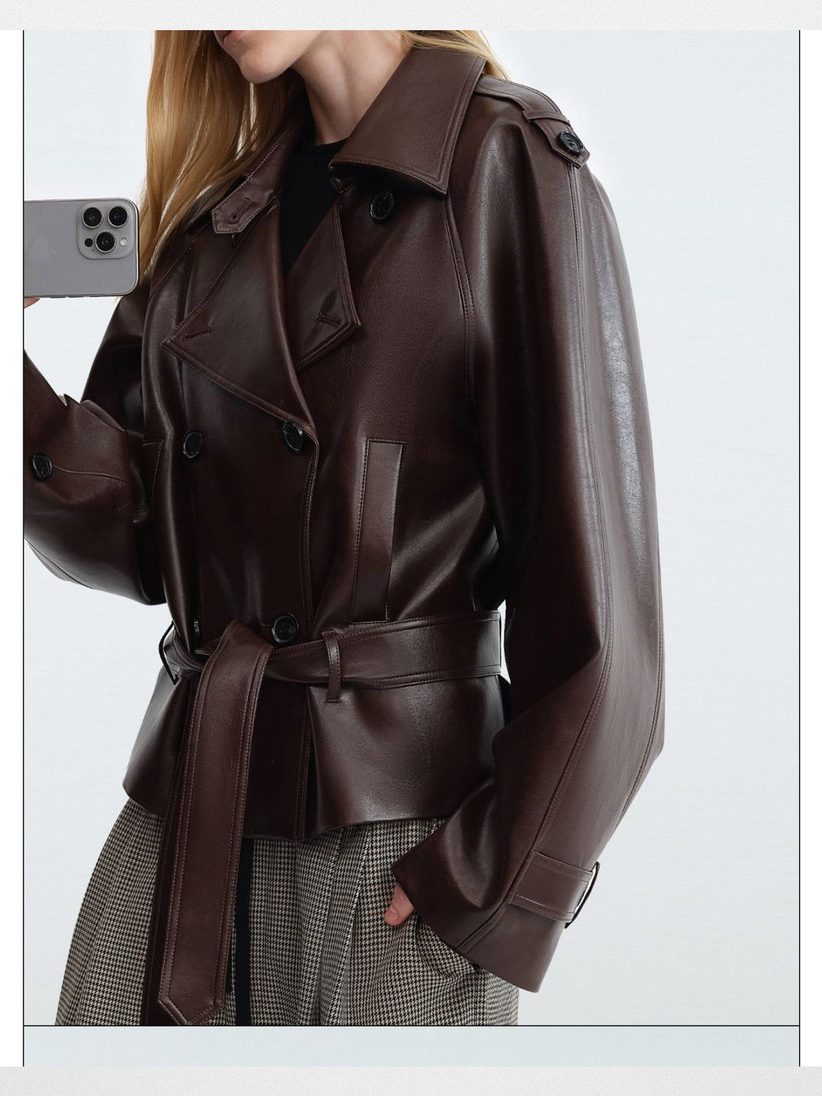 RARELY ALIKE Belted Faux Leather Jacket in Coffee - On Model