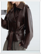 RARELY ALIKE Belted Faux Leather Jacket in Coffee - On Model