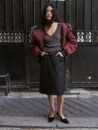 RandomPiece Short Hooded Duck Down Bomber in Burgundy - Lifestyle