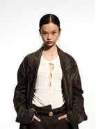 GROTTO Arrow Buckle Leather Thin Belt in Yellow - On Female Model