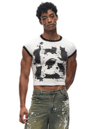 CFIERCE Black Cat Print Ringer Tee in White - On Male Model