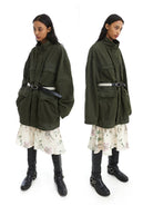 NeverSeez Distressed Cotton Barn Jacket in Green - On Female Model
