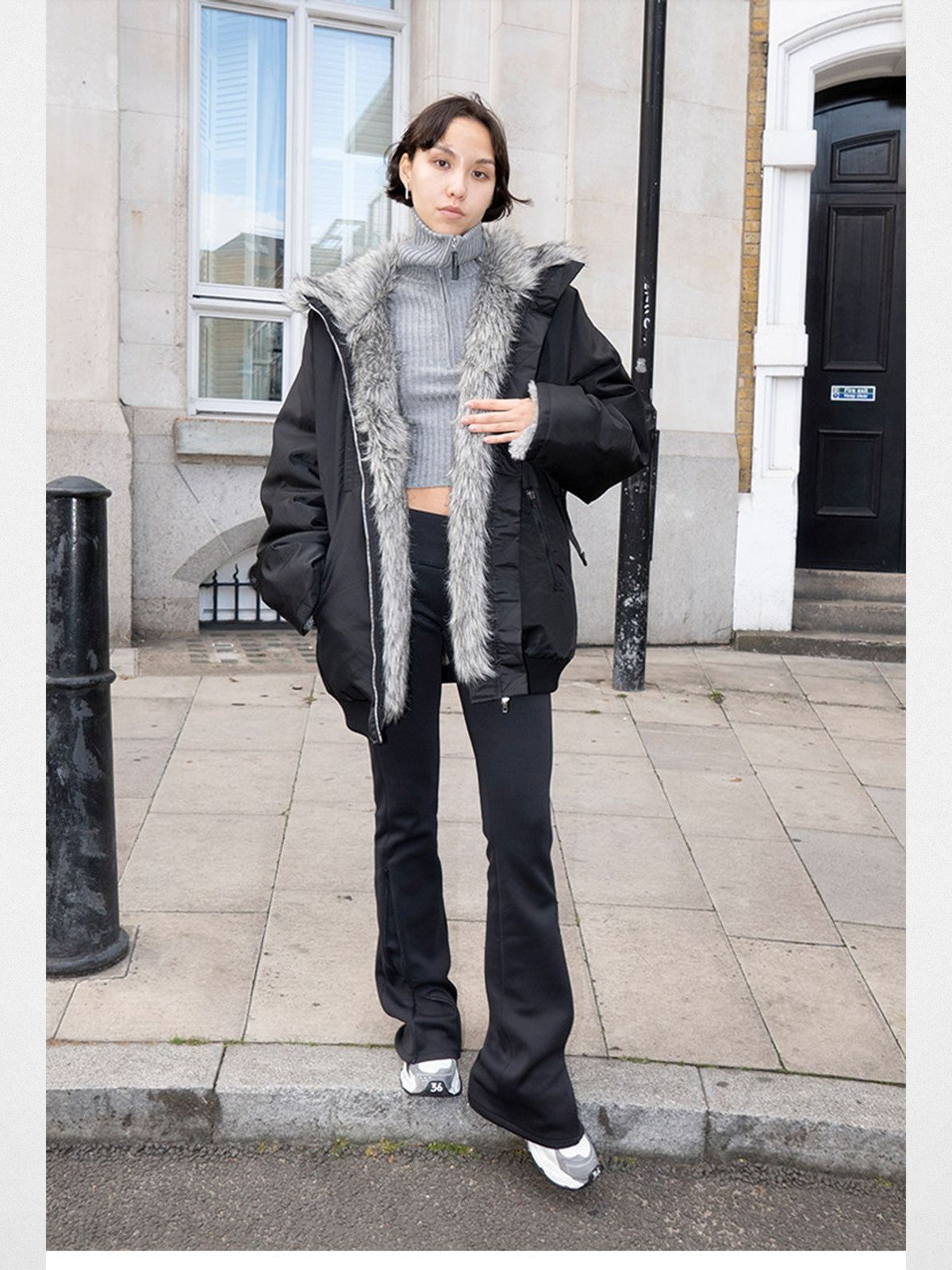 RARELY ALIKE Faux Fur Lined Nylon Bomber in Black - On Model