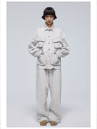 Simple Project Washed Four Pocket Denim Jacket in White - On Female Model