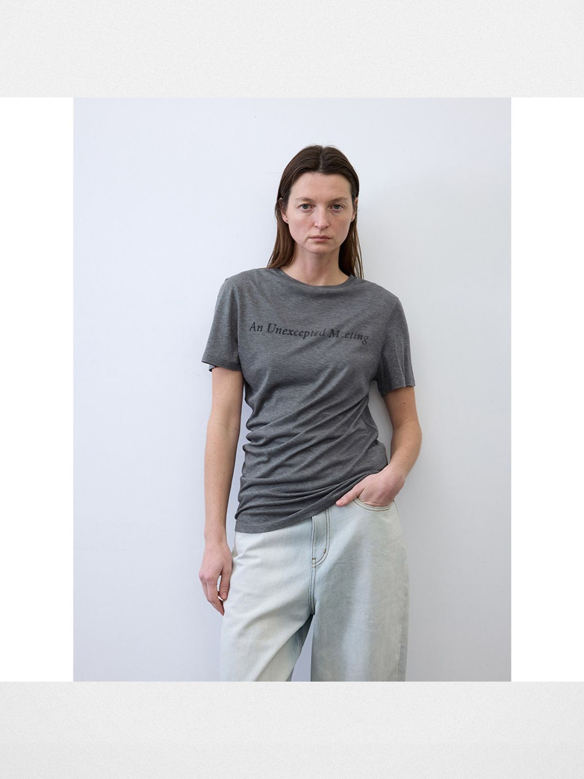 RandomPiece Silk Blend Graphic T Shirt in Gray - On Model