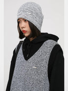 MASONPRINCE Contrast Trim V Neck Knit Vest in Gray - On Female Model