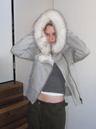 RARELY ALIKE Asymmetric Zip Hooded Jacket in Gray - On Model