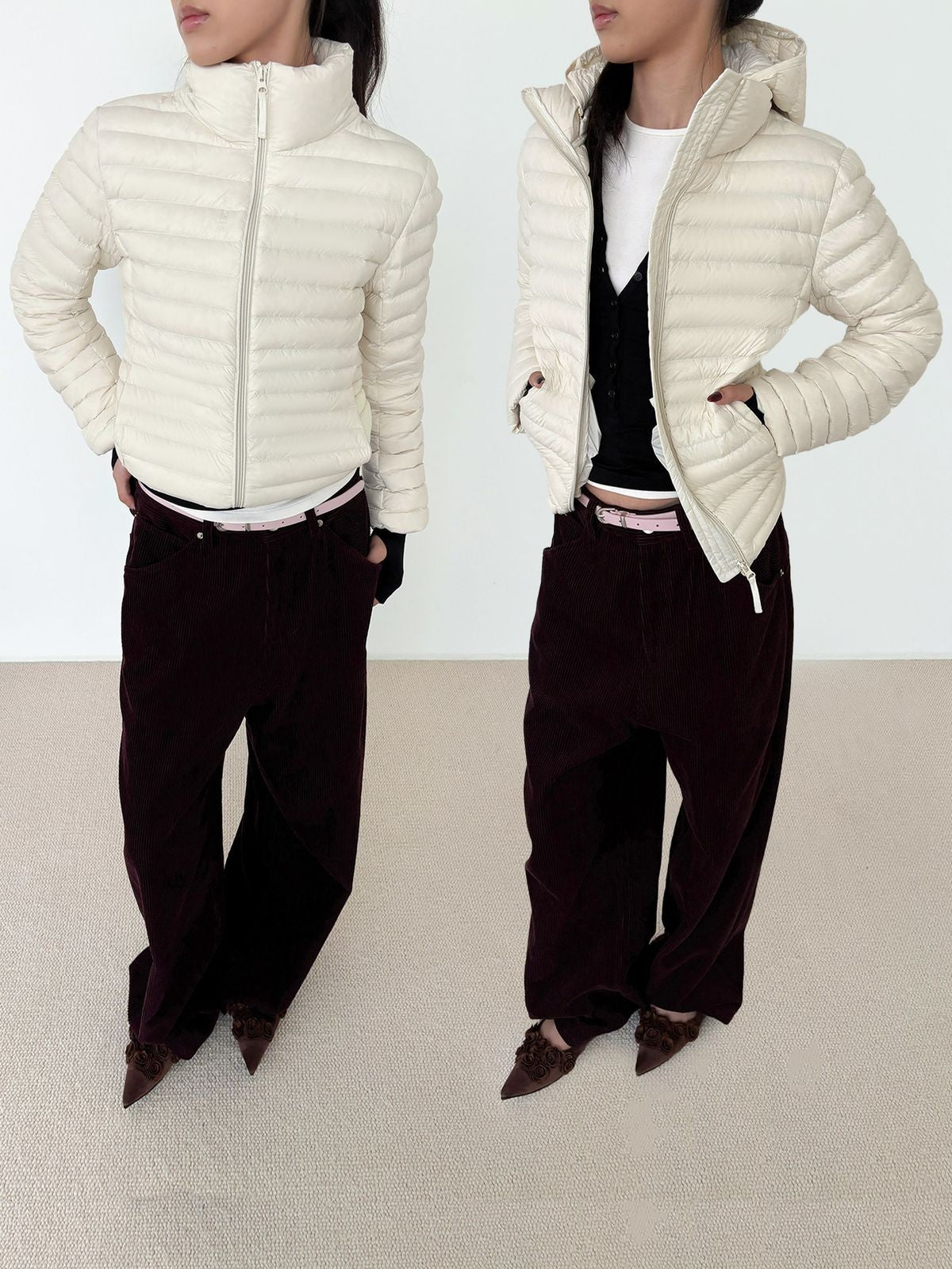 RARELY ALIKE Detachable Hood Down Puffer in White - On Model