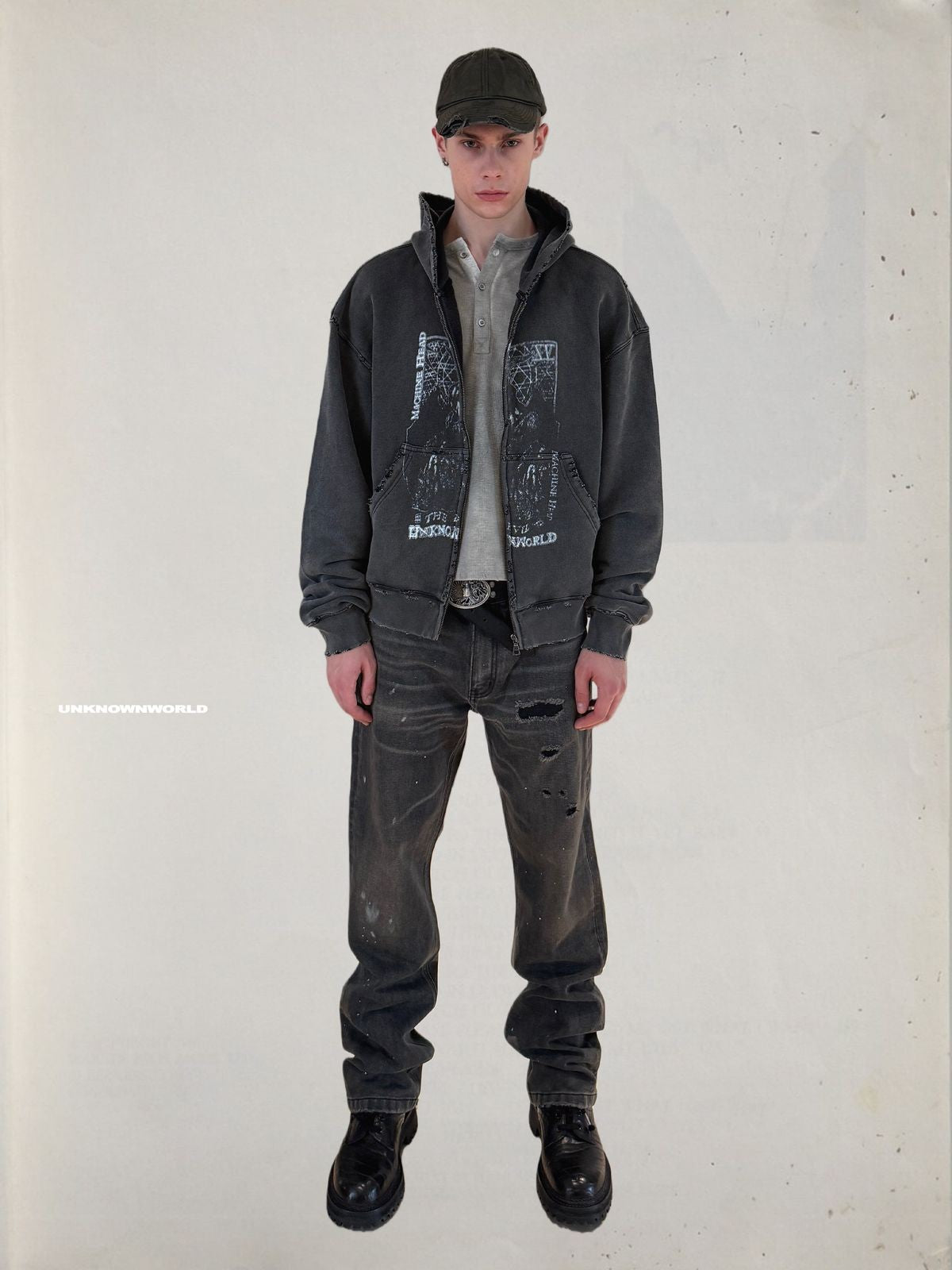 UNKNOWNWORLD Distressed Mechanical Print Hoodie in Black - On Model